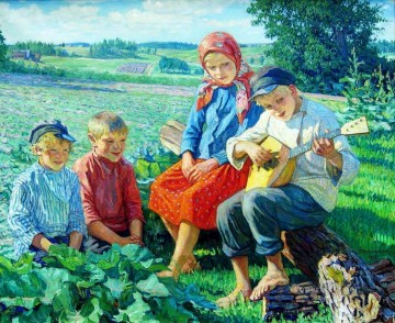 little concert with balalaika Nikolay Bogdanov Belsky kids child impressionism Oil Paintings